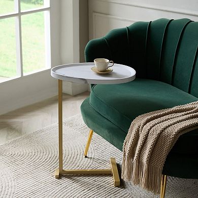 Kings Brand Furniture C-Shaped Side End Table, Wood & Gold Metal Sofa Snack Table