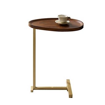 Kings Brand Furniture C-Shaped Side End Table, Wood & Gold Metal Sofa Snack Table