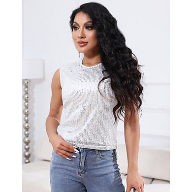 Womens Sequin Tops Scoop Neck Sequin Sparkle Shimmer Sleeveless Tanks Tops Cocktail Party Blouses