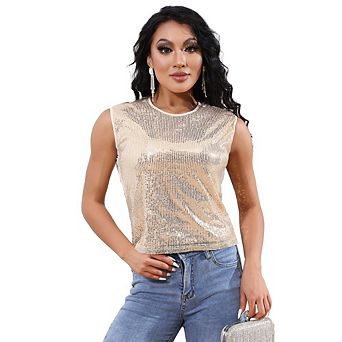 Womens Sequin Tops Scoop Neck Sequin Sparkle Shimmer Sleeveless Tanks Tops Cocktail Party Blouses