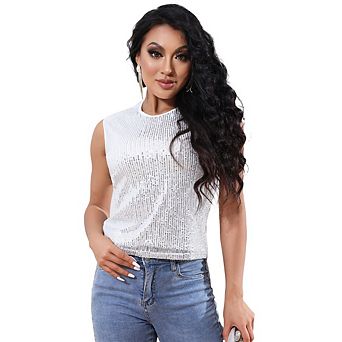 Womens Sequin Tops Scoop Neck Sequin Sparkle Shimmer Sleeveless Tanks Tops Cocktail Party Blouses