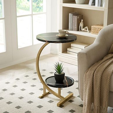 Kings Brand Furniture Rouge C-Shaped Side Table Faux Marble Top