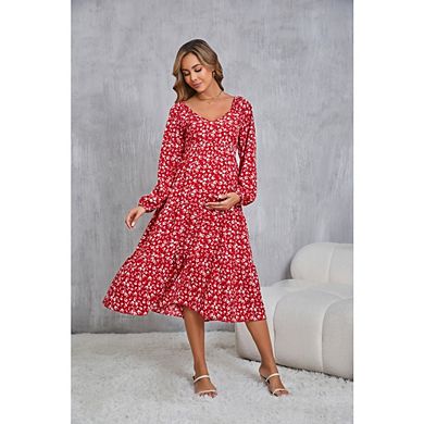 Womens Casual Maternity Dress Boho Chic Floral V Neck Long Sleeve A Line Ruffle Hem Midi Dresses