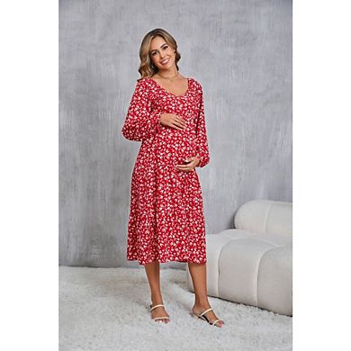 Womens Casual Maternity Dress Boho Chic Floral V Neck Long Sleeve A Line Ruffle Hem Midi Dresses