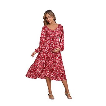 Womens Casual Maternity Dress Boho Chic Floral V Neck Long Sleeve A Line Ruffle Hem Midi Dresses