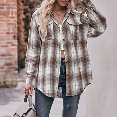 Womens Button Down Flannel Shirts Oversized Long Sleeve Plaid Shackets Business Casual Blouse Top