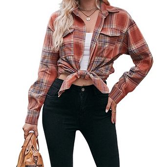 Womens Button Down Flannel Shirts Oversized Long Sleeve Plaid Shackets Business Casual Blouse Top