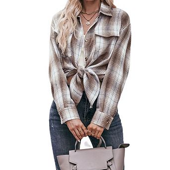 Womens Button Down Flannel Shirts Oversized Long Sleeve Plaid Shackets Business Casual Blouse Top