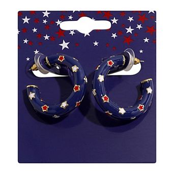 Gold Tone Blue Enamel Star Hoop Earrings
