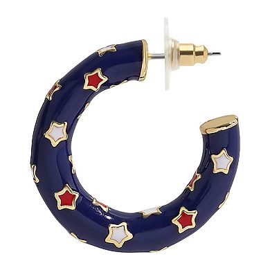 Gold Tone Blue Enamel Star Hoop Earrings
