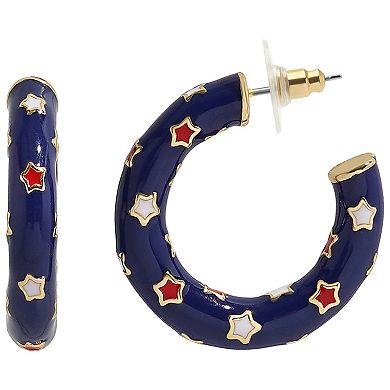 Gold Tone Blue Enamel Star Hoop Earrings