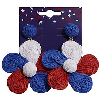 Gold Tone Red White And Blue Raffia Flower Earrings