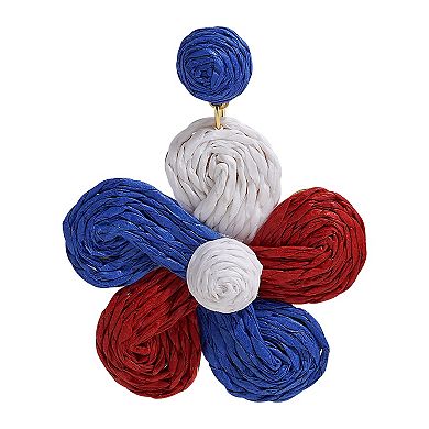 Gold Tone Red White And Blue Raffia Flower Earrings