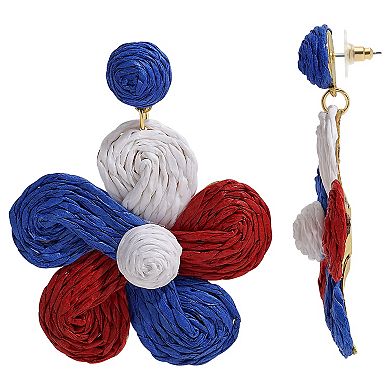 Gold Tone Red White And Blue Raffia Flower Earrings