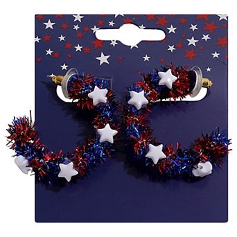 Gold Tone Red White And Blue Tinsel Star Hoop Earrings