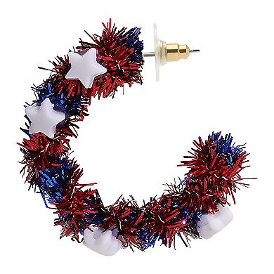 Gold Tone Red White And Blue Tinsel Star Hoop Earrings