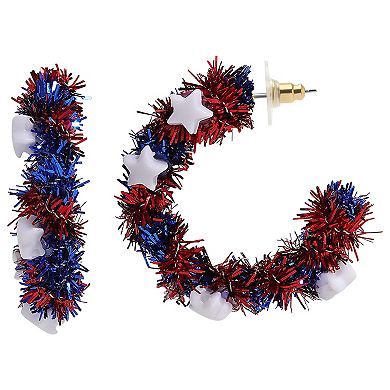 Gold Tone Red White And Blue Tinsel Star Hoop Earrings
