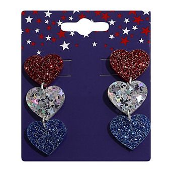 Silver Tone Red White And Blue Heart Dangle Earrings