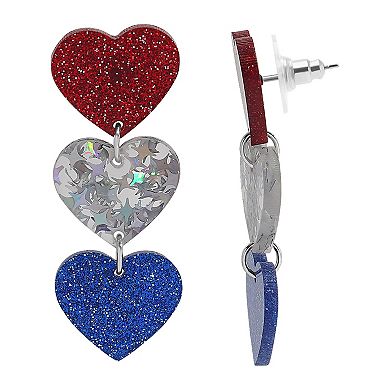 Silver Tone Red White And Blue Heart Dangle Earrings