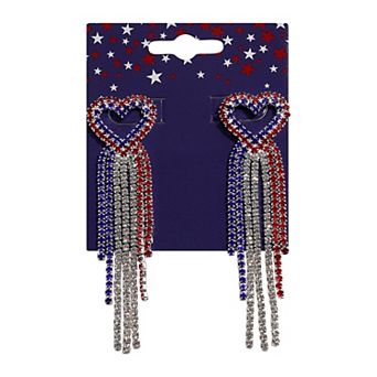 Silver Tone Red White And Blue Heart Rhinestone Dangle Earrings