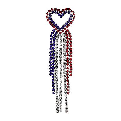 Silver Tone Red White And Blue Heart Rhinestone Dangle Earrings
