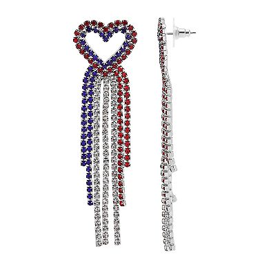 Silver Tone Red White And Blue Heart Rhinestone Dangle Earrings