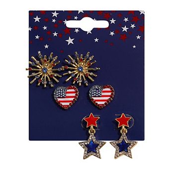 3-Pair Gold Tone Firework, Heart and Star Earring Set