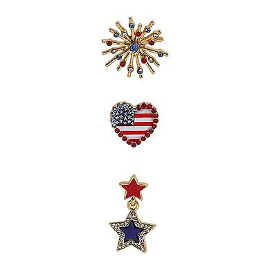 3-Pair Gold Tone Firework, Heart and Star Earring Set