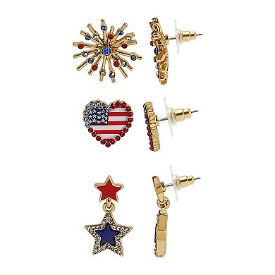 3-Pair Gold Tone Firework, Heart and Star Earring Set