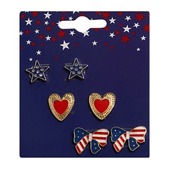 3-Pair Gold Tone Americana Star, Heart and Bow Earring Set