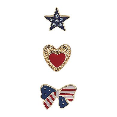 3-Pair Gold Tone Americana Star, Heart and Bow Earring Set