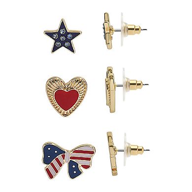 3-Pair Gold Tone Americana Star, Heart and Bow Earring Set