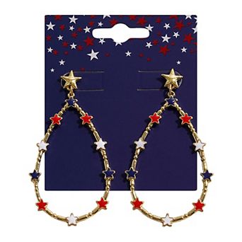Gold Tone Red, White and Blue Stars Teardrop Earrings