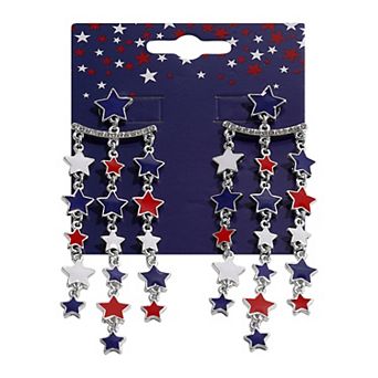 Silver Tone Red, White and Blue Stars Linear Drop Earrings