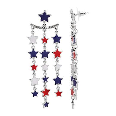 Silver Tone Red, White and Blue Stars Linear Drop Earrings