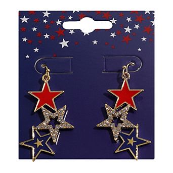 Gold Tone Red, White and Blue Stars Drop Earrings