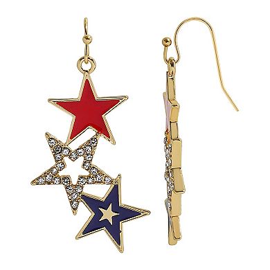 Gold Tone Red, White and Blue Stars Drop Earrings