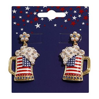 Gold Tone Simulated-Pearl Americana Beer Mug Drop Earrings