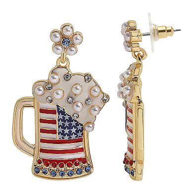 Gold Tone Simulated-Pearl Americana Beer Mug Drop Earrings