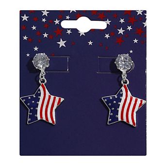 Silver Tone Flag Star Drop Earrings