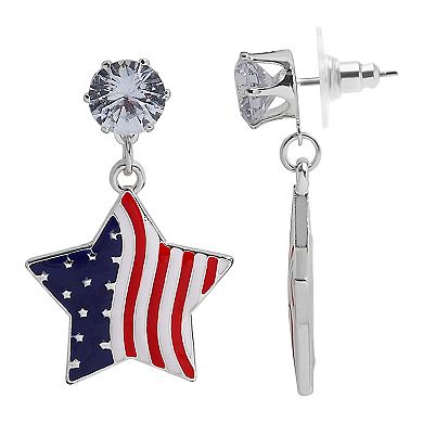 Silver Tone Flag Star Drop Earrings
