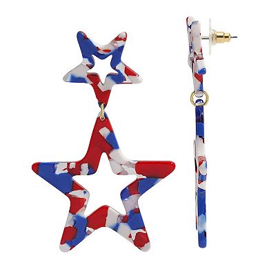 Gold Tone Red, White and Blue Star Drop Earrings