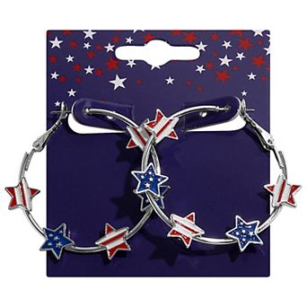 Silver Tone Stars and Stripes Star Hoop Earrings