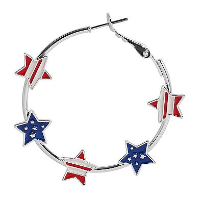 Silver Tone Stars and Stripes Star Hoop Earrings