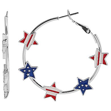 Silver Tone Stars and Stripes Star Hoop Earrings