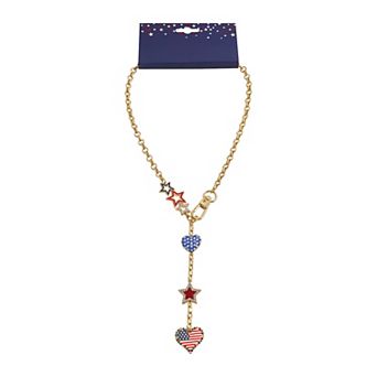 Gold Tone Americana Star and Heart Charms Y-Necklace