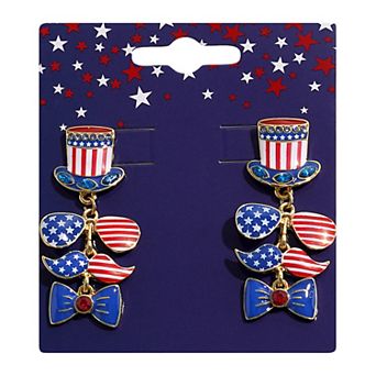 Gold Tone Americana Hat, Sunglasses, Mustache and Bowtie Drop Earrings