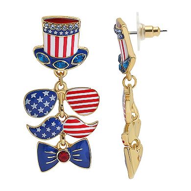 Gold Tone Americana Hat, Sunglasses, Mustache and Bowtie Drop Earrings