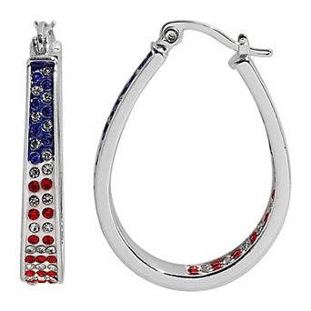 Silver Tone Red, White and Blue Oval Hoop Earrings