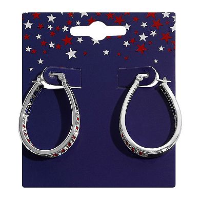 Silver Tone Red, White and Blue Oval Hoop Earrings
